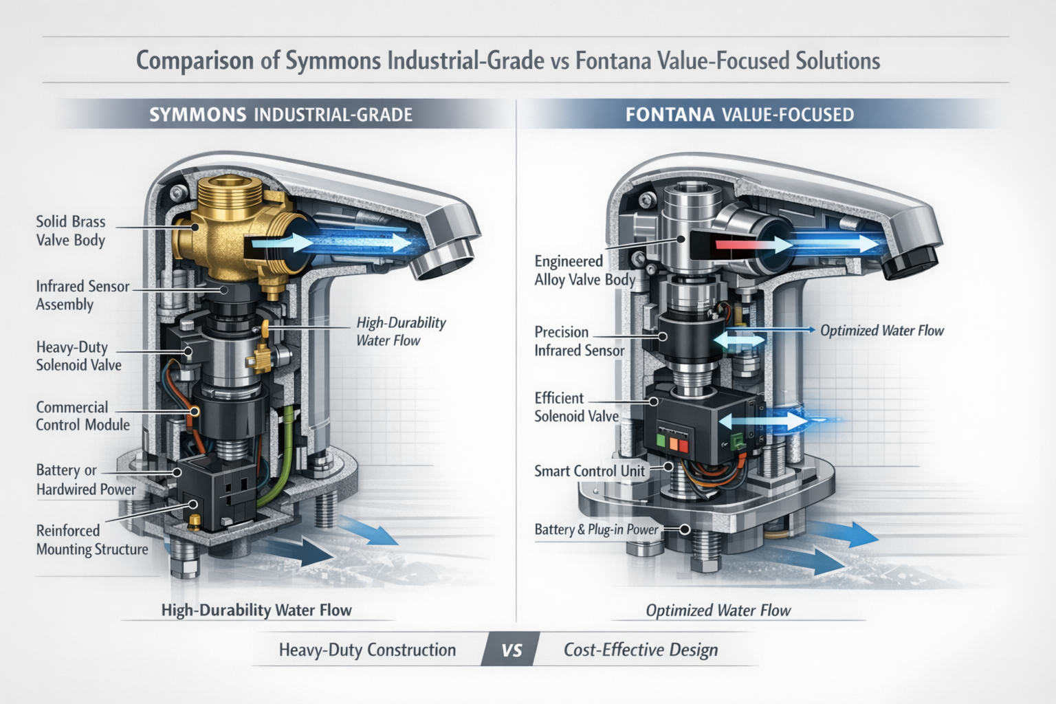 Comparison of Symmons industrial-grade versus Fontana value-focused solutions